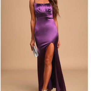 Lulu's Under The Spotlight Purple Satin Glam Maxi Mermaid Gown Size Medium NWT